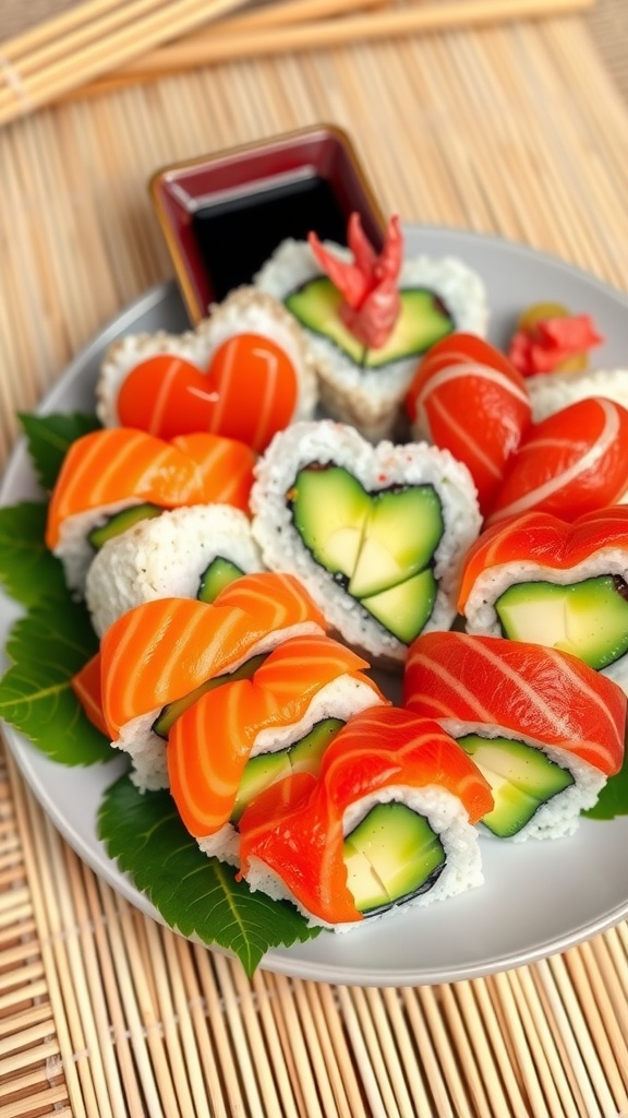 Heart-shaped sushi rolls with fresh fish and avocado on a plate with soy sauce and pickled ginger.